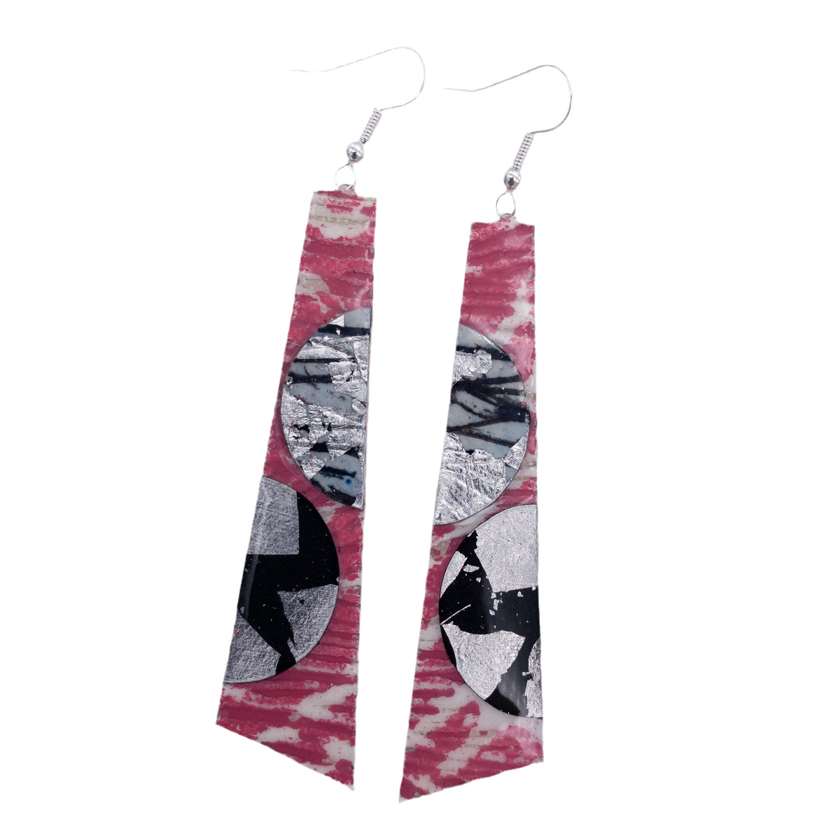 Hoop-La batik textile earrings in pink/grey/silver/black