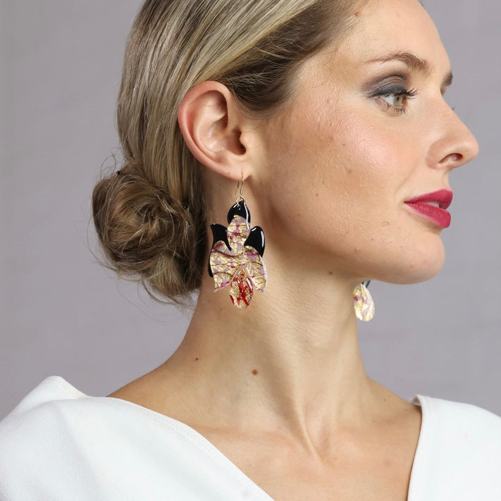 Blossoms no.1” earrings in black & red/pink/gold sgraffito