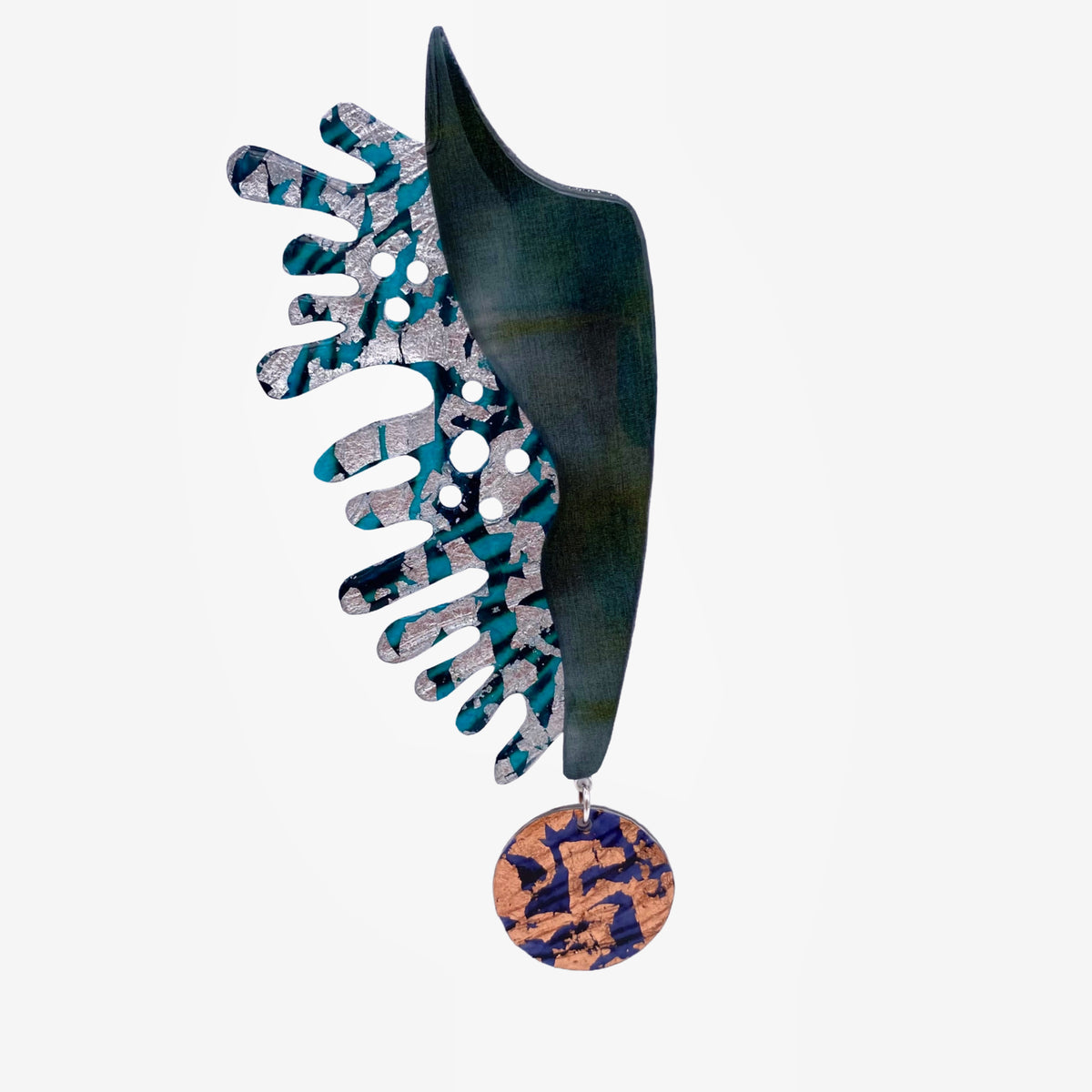 Finback sgraffito &amp; shibori silk brooch in seaweed/turquoise/silver/rose-gold/indigo