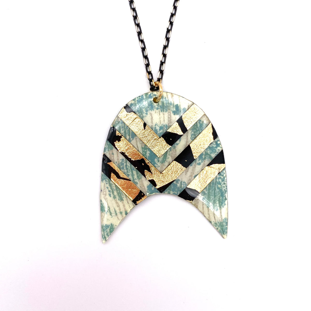 Bly batik textile necklace in flint-blue with gold/black chevrons
