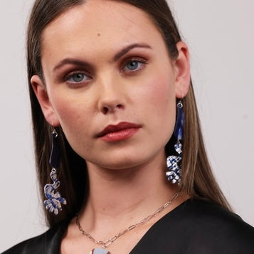 Rorqual sgraffito & shibori silk earrings in electric-blue/periwinkle/silver