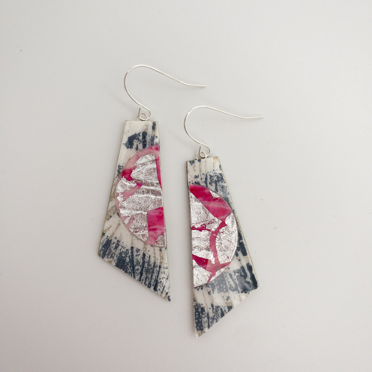 Cora batik textile earrings in dove/hot pink/silver