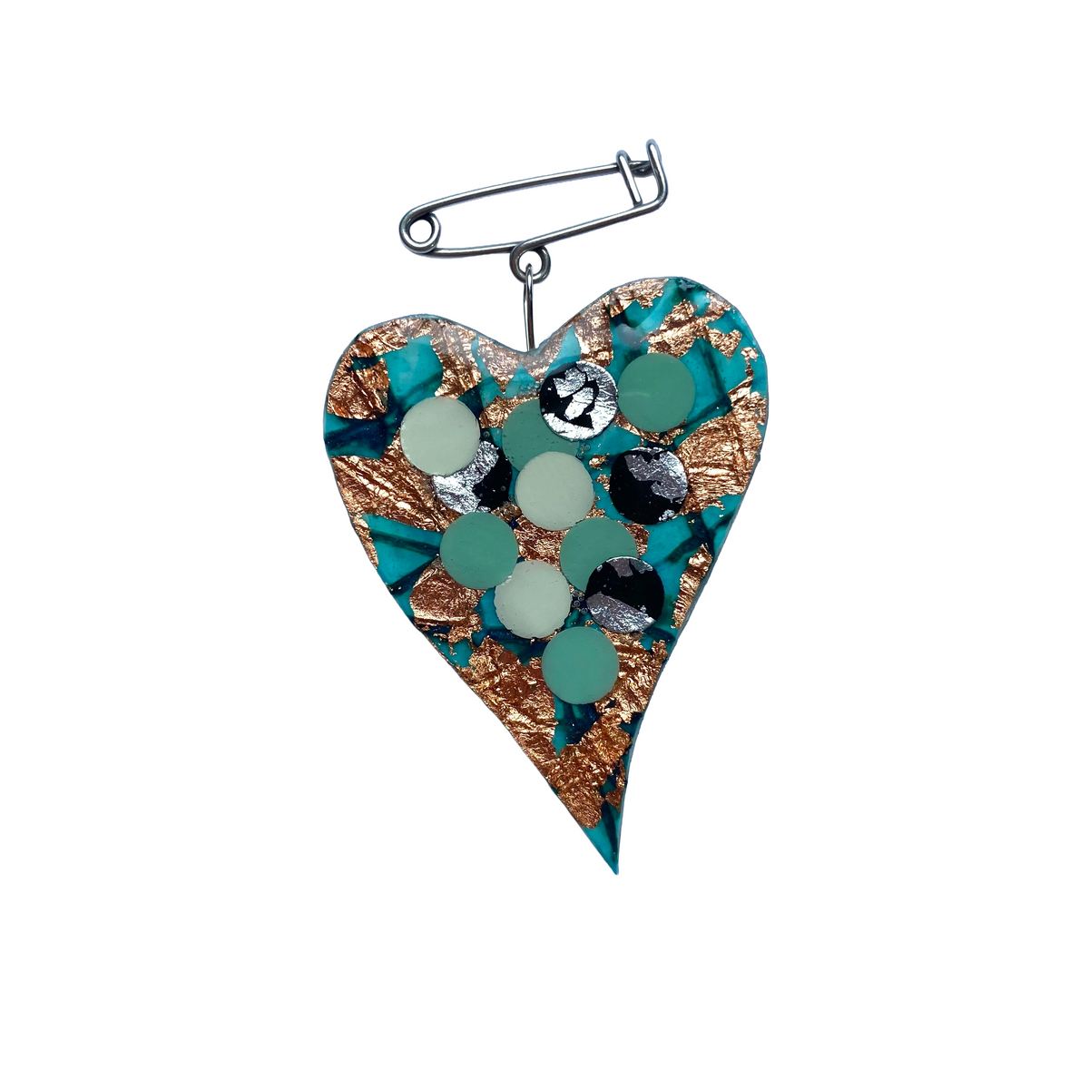 Crush sgraffito pin brooch in seagreen/rose-gold/black/silver