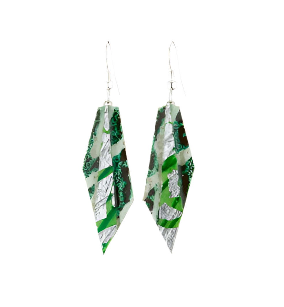 Mini Beulah batik textile earrings in dark-green/silver/apple