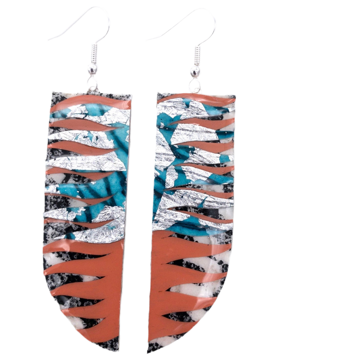 Dióg batik textile earrings in charcoal/sea-blue/silver/orange