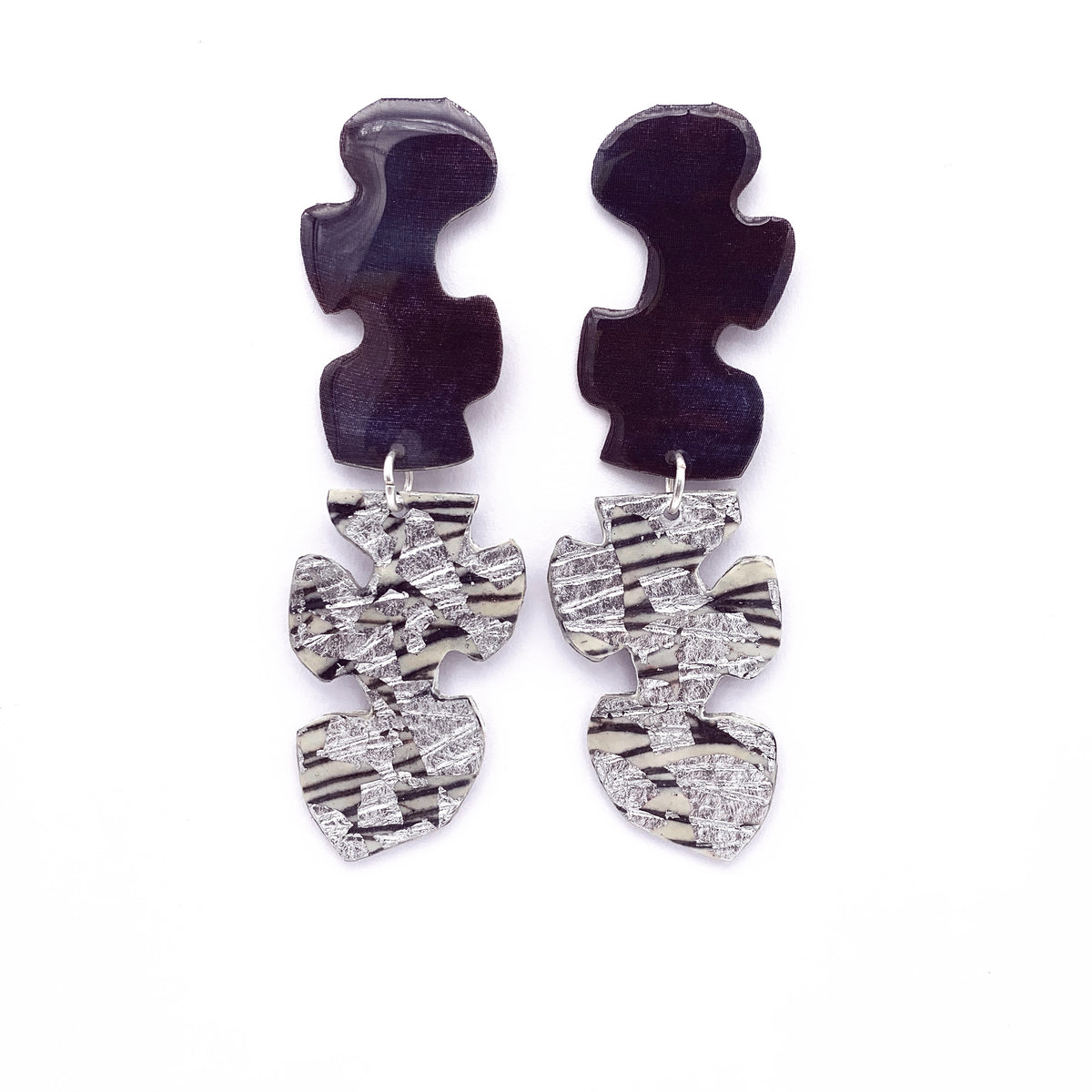 Puzzle post drop earrings in grey/silver sgraffito and midnight silk