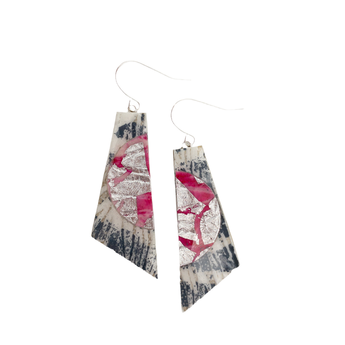 Pink grey and silver batik earrings designed and handmade by small Irish brand Rothlú