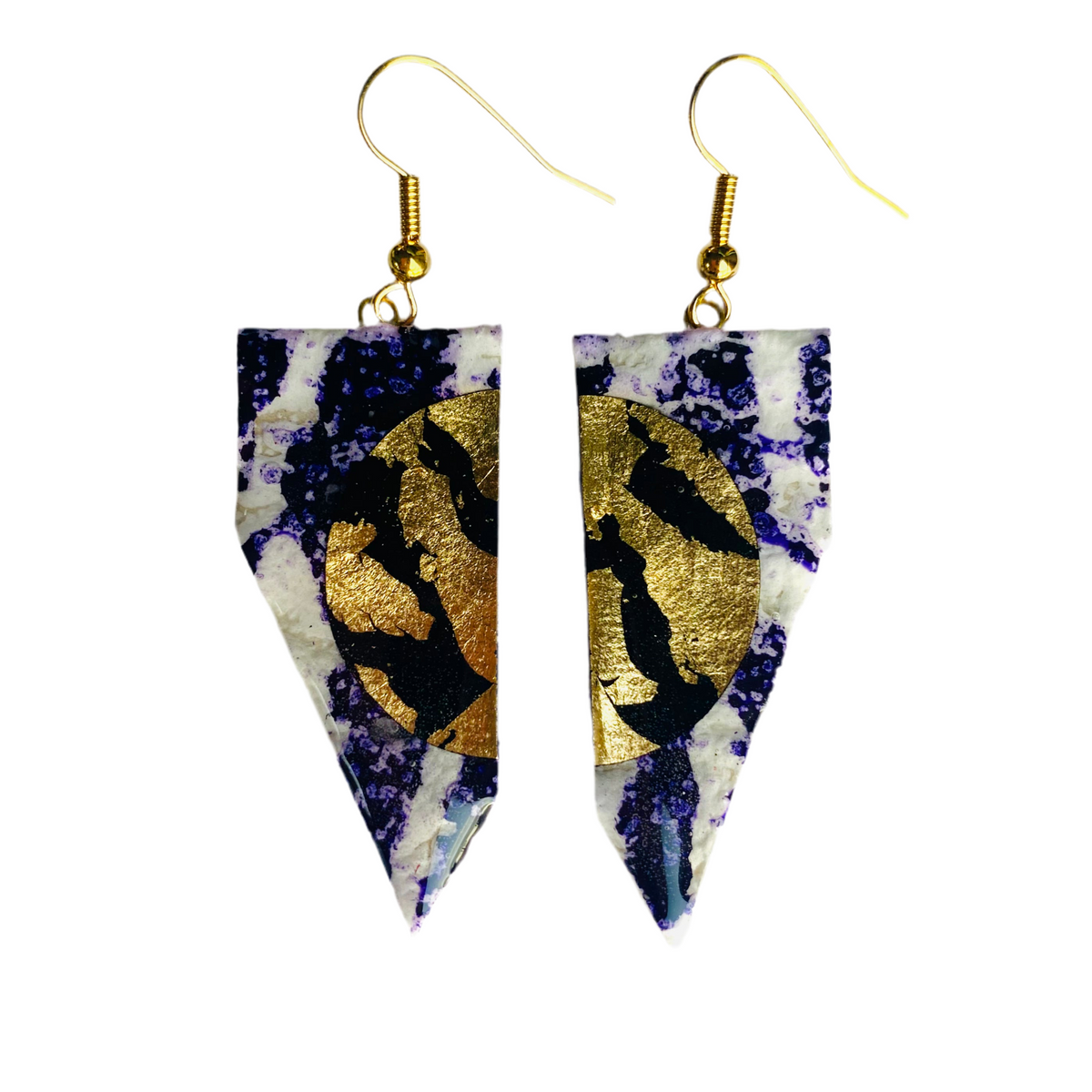 Coquette batik textile earrings in purple/gold/black