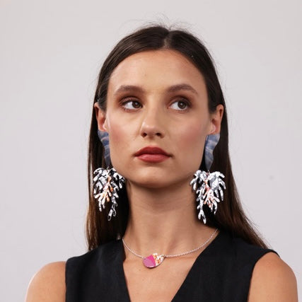 Baleen sgraffito &amp; shibori silk earrings in black/silver/mist/orange