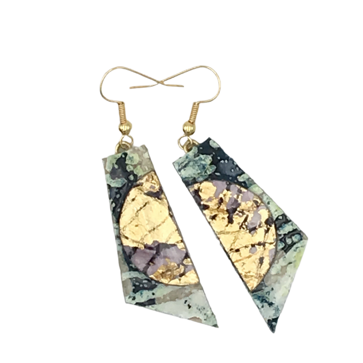 Cora batik textile earrings in dark green/gold/aubergine