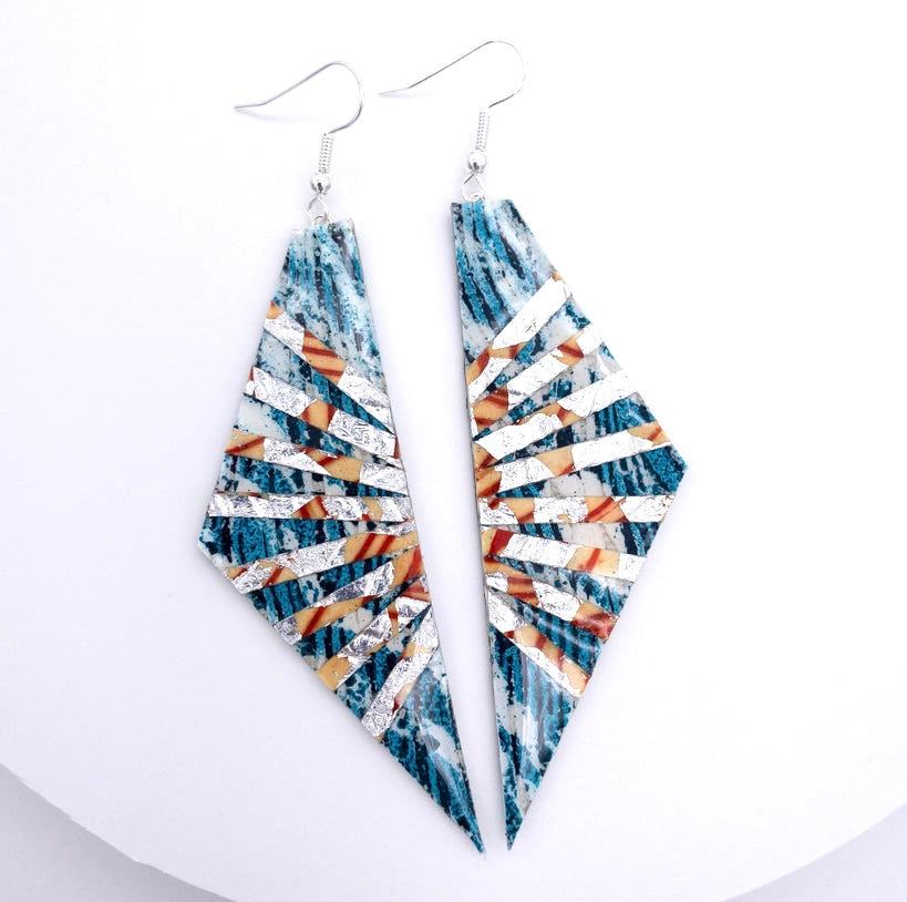 Adabel batik textile earrings in teal/silver/orange