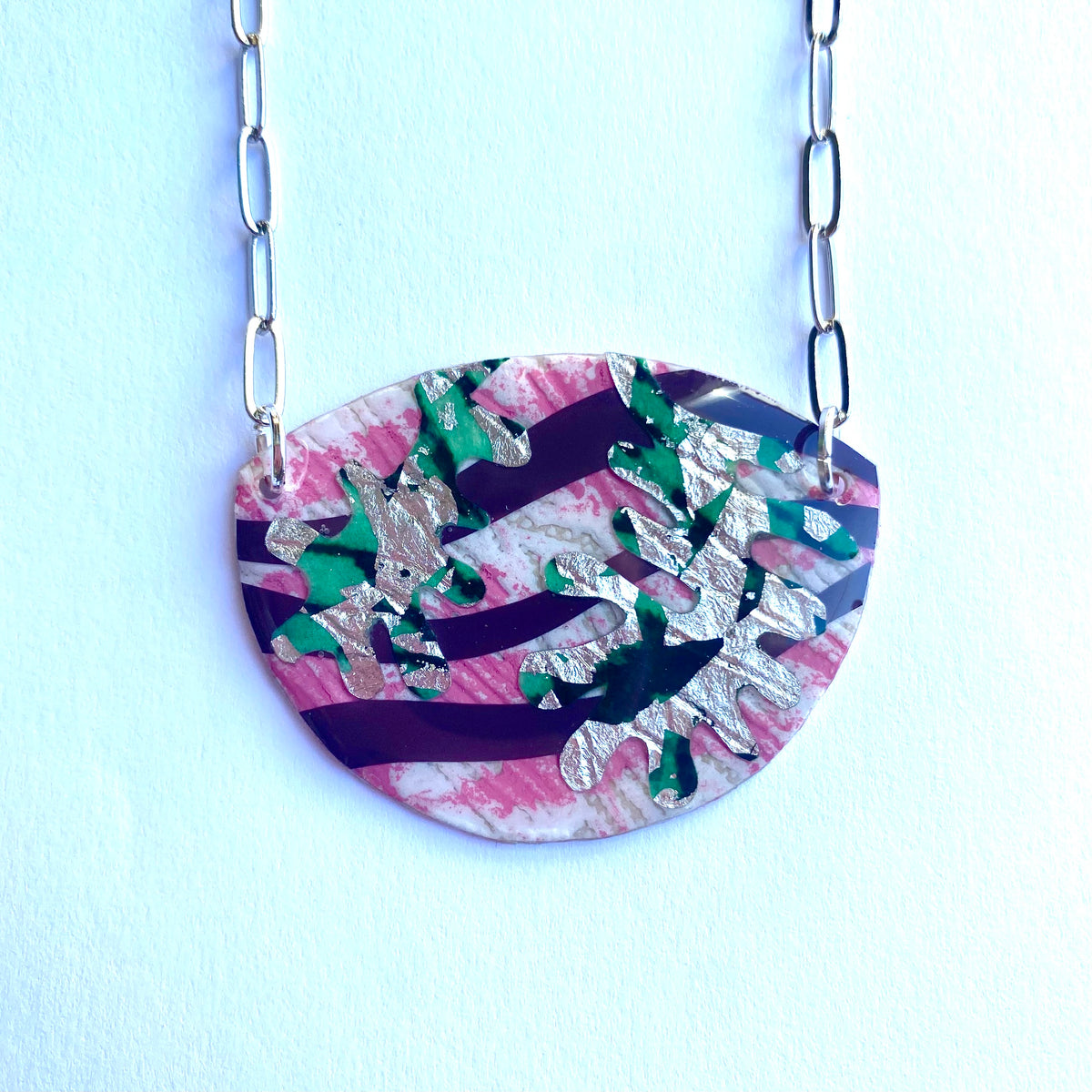 Sáile batik textile necklace in pink/grape/jade/silver