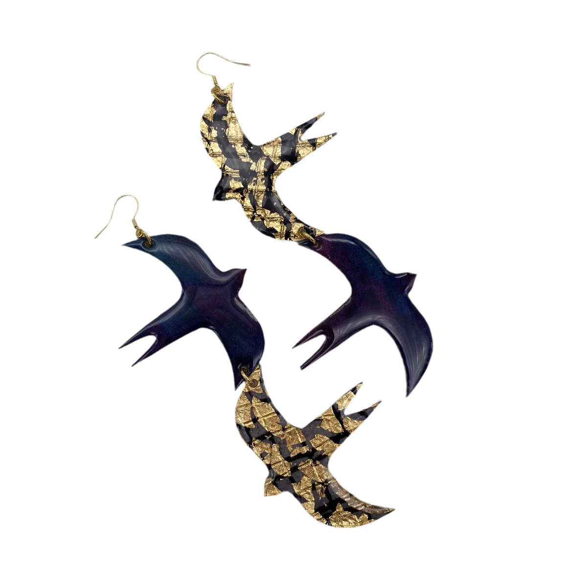 Two Birds sgraffito &amp; shibori silk earrings in midnight/black/gold