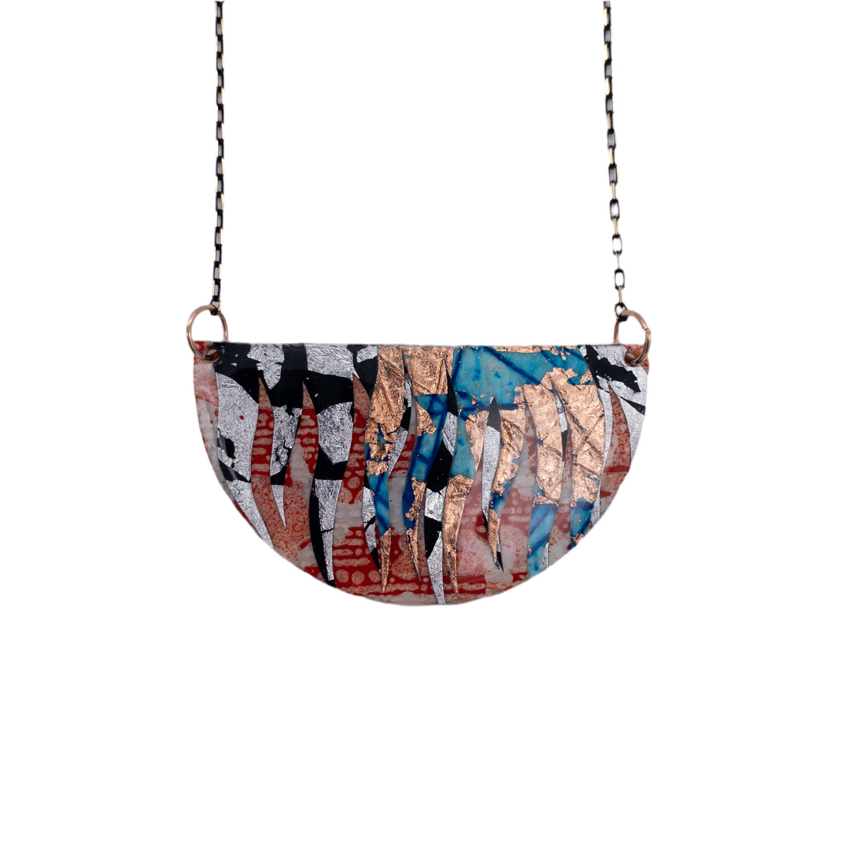 Bláth batik textile necklace in orange/copper/silver/blue/black