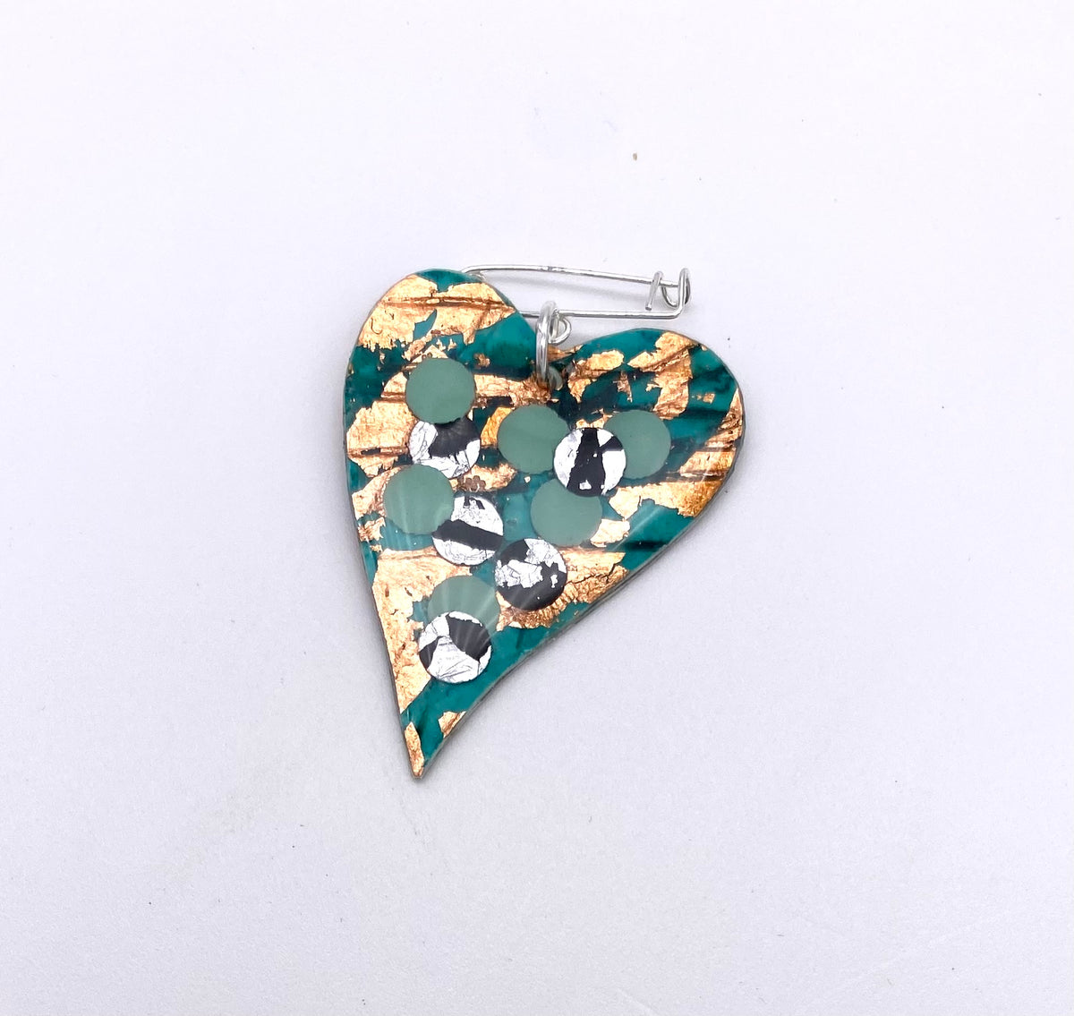 Crush sgraffito pin brooch in seagreen/rose-gold/black/silver