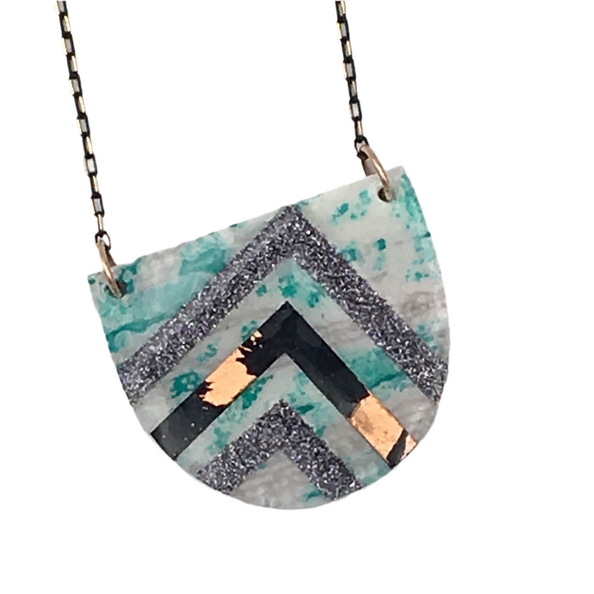 Sayre batik textile necklace in mint/black/copper and grey shimmer