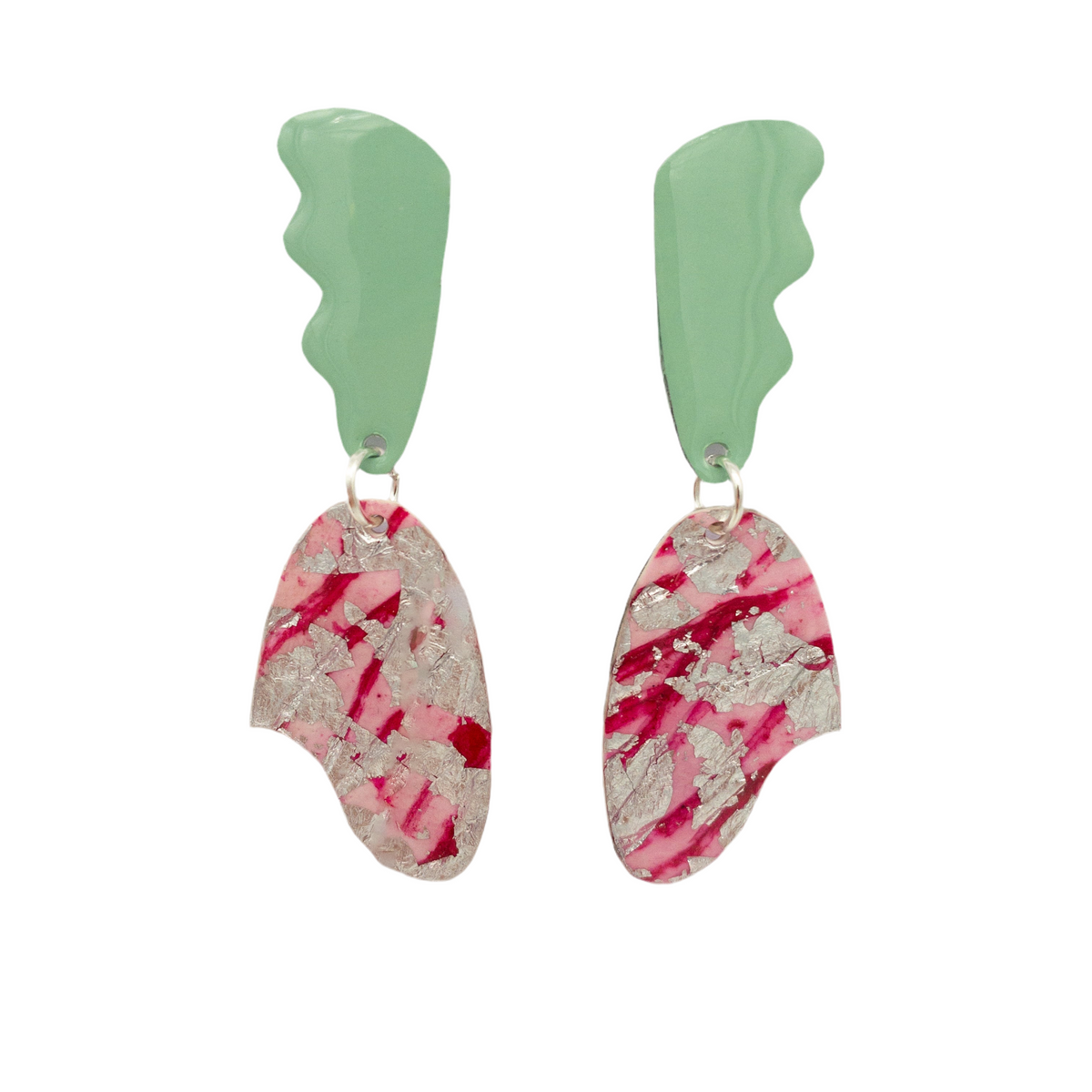 Sea foam, pink and silver ethically handmade statement earrings designed in Ireland 