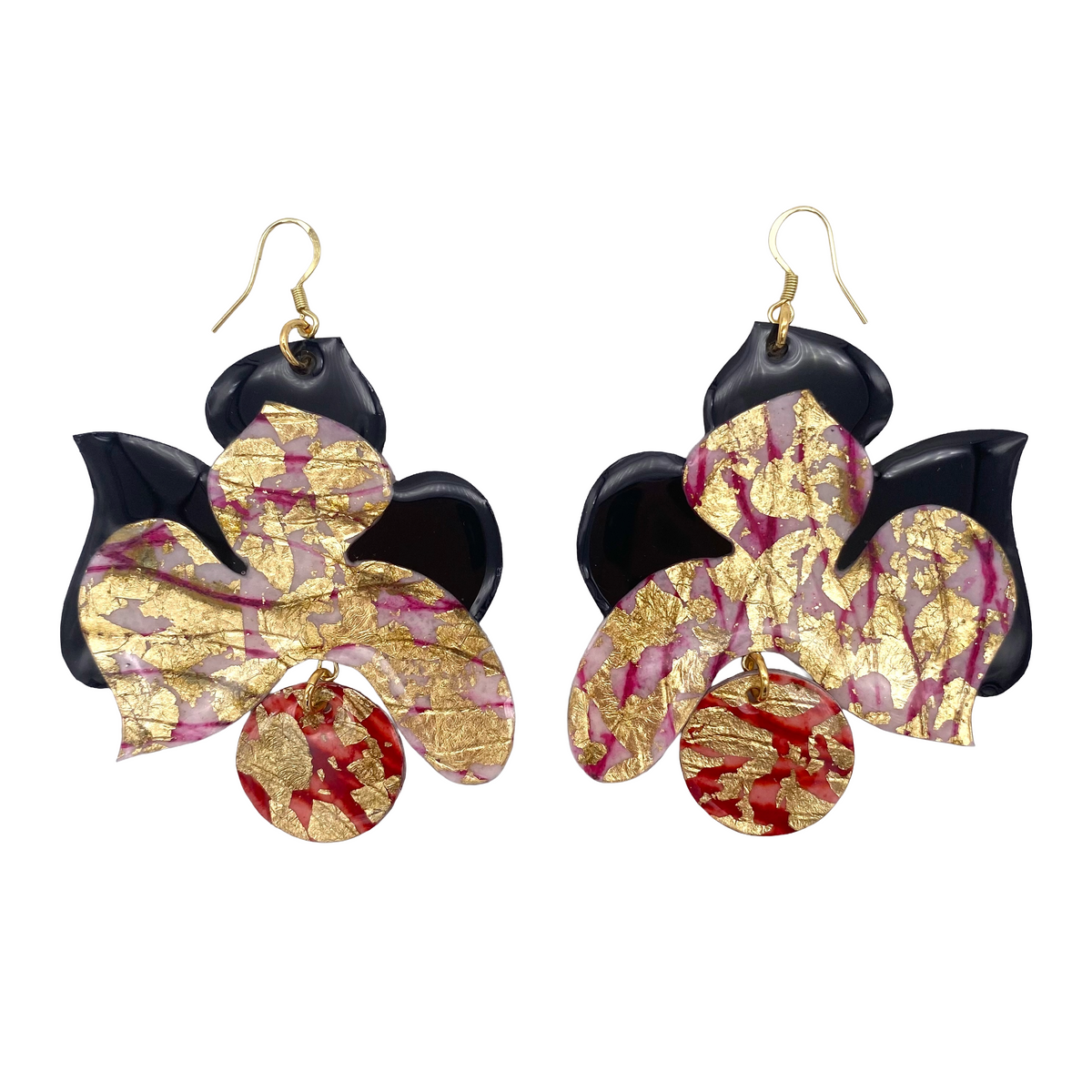 Blossoms no.1” earrings in black & red/pink/gold sgraffito