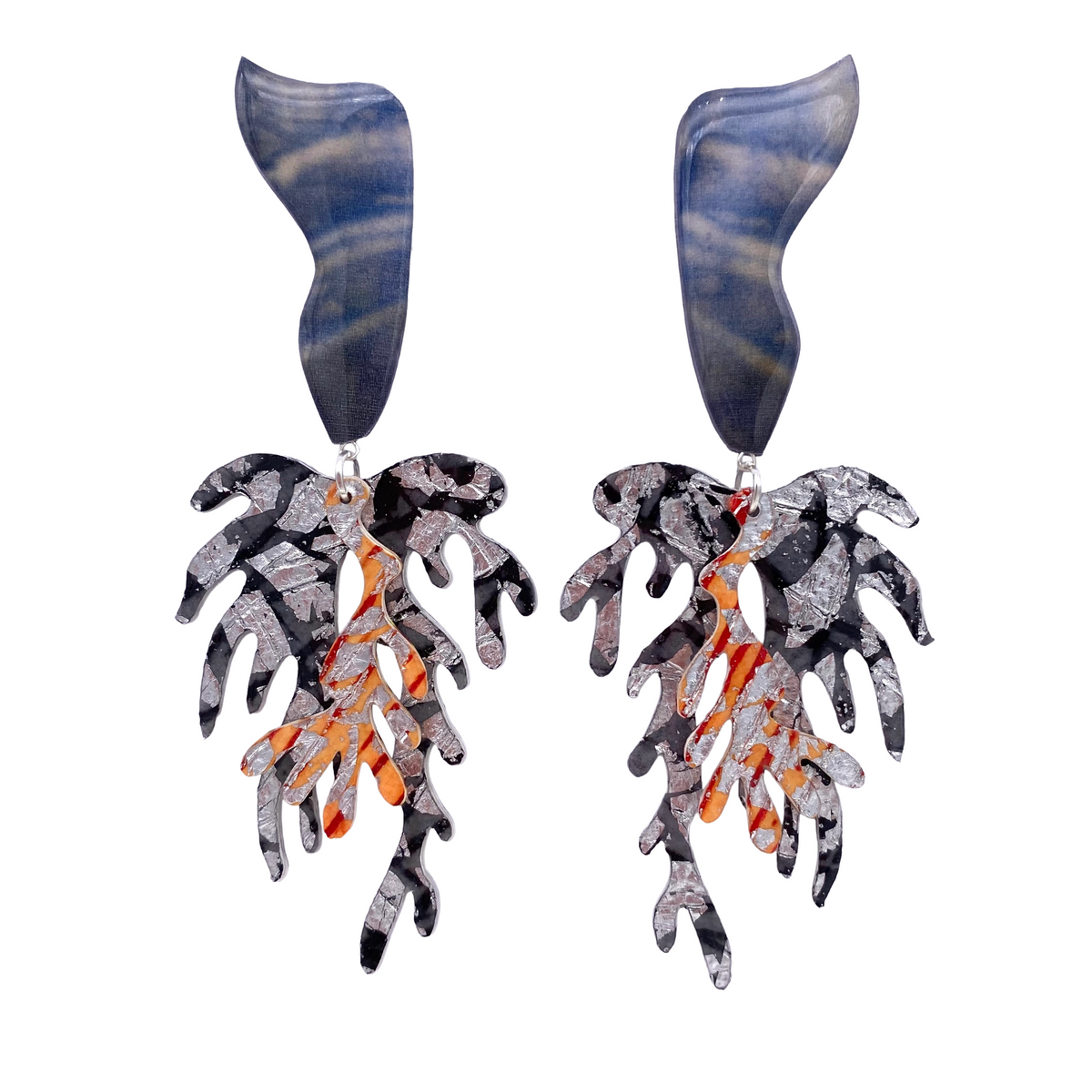 Baleen sgraffito &amp; shibori silk earrings in black/silver/mist/orange