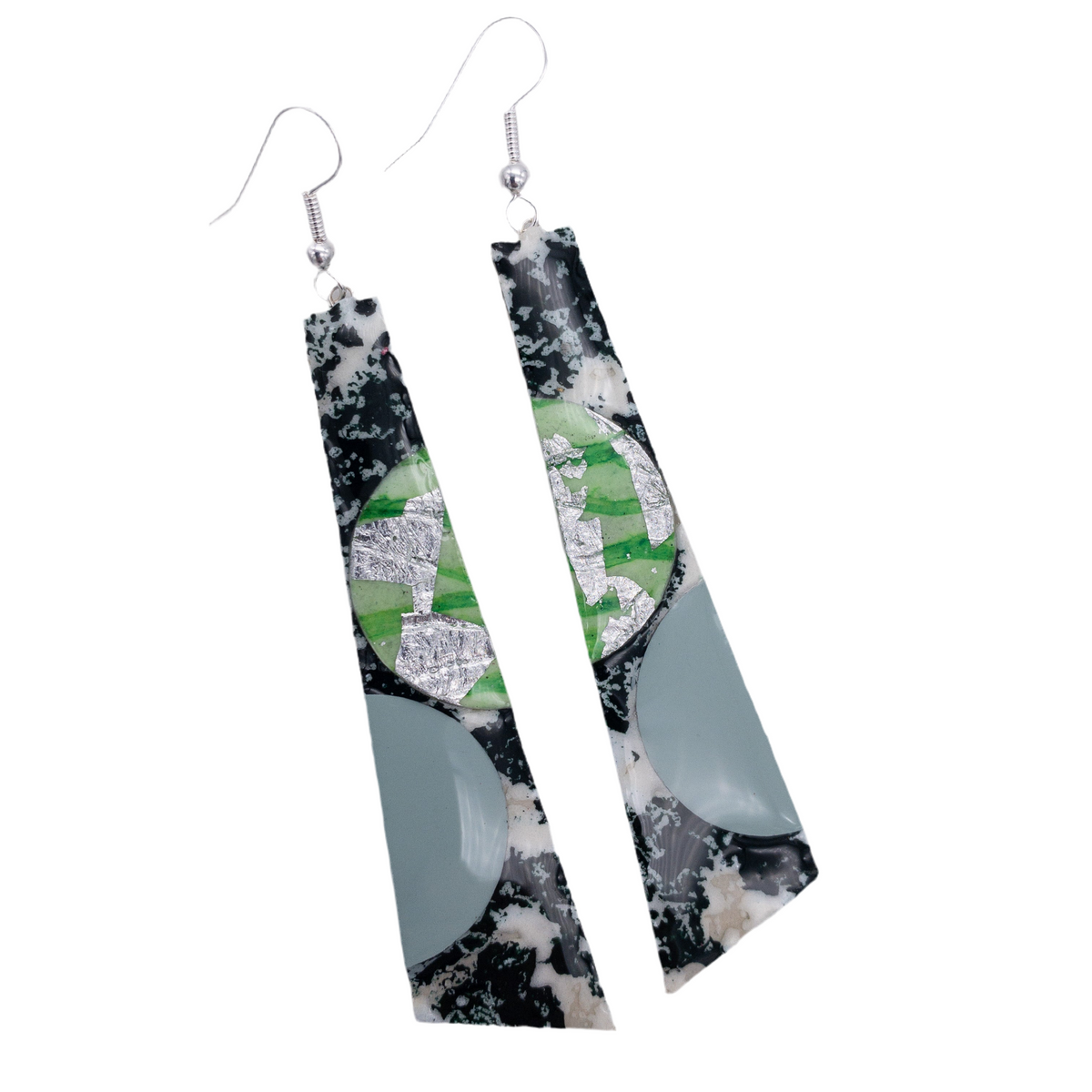 Hoop-La batik textile earrings in dark-green/apple/silver/sea foam