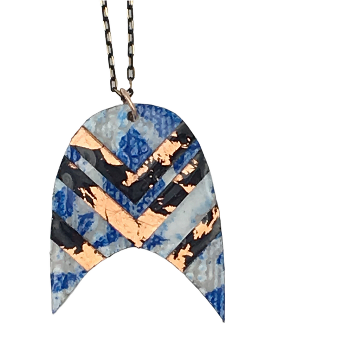 Bly batik textile necklace in cobalt with rose-gold/black chevrons