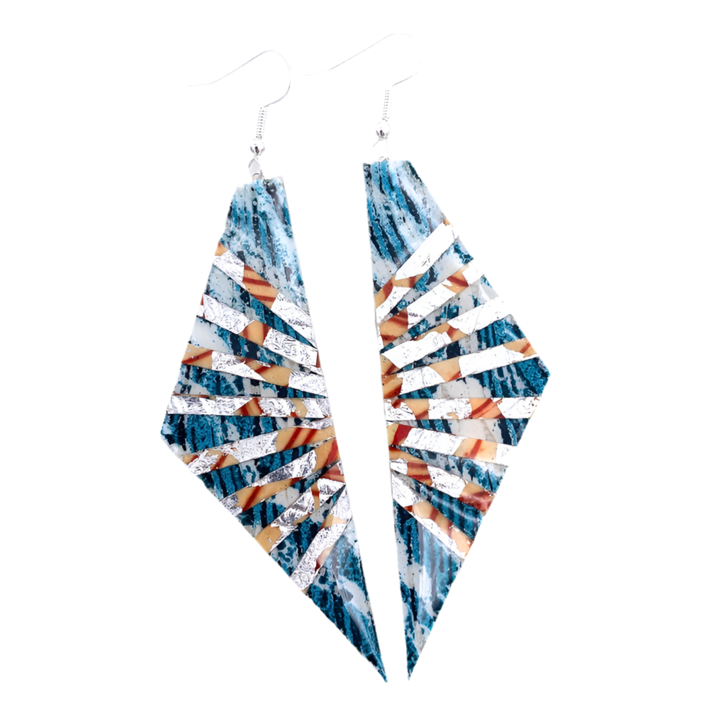 Adabel batik textile earrings in teal/silver/orange