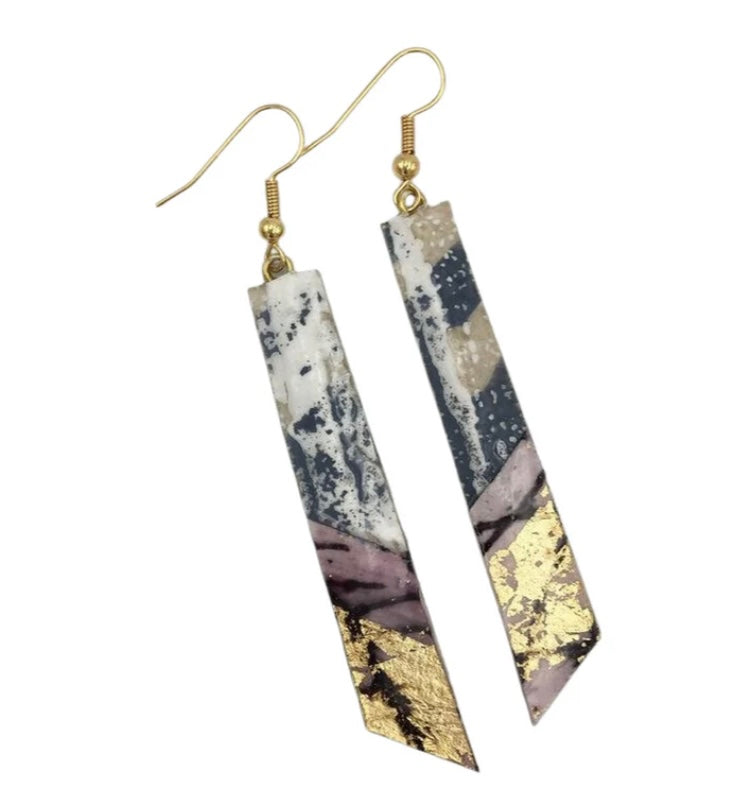 Panthea batik textile earrings in dove/gold/aubergine