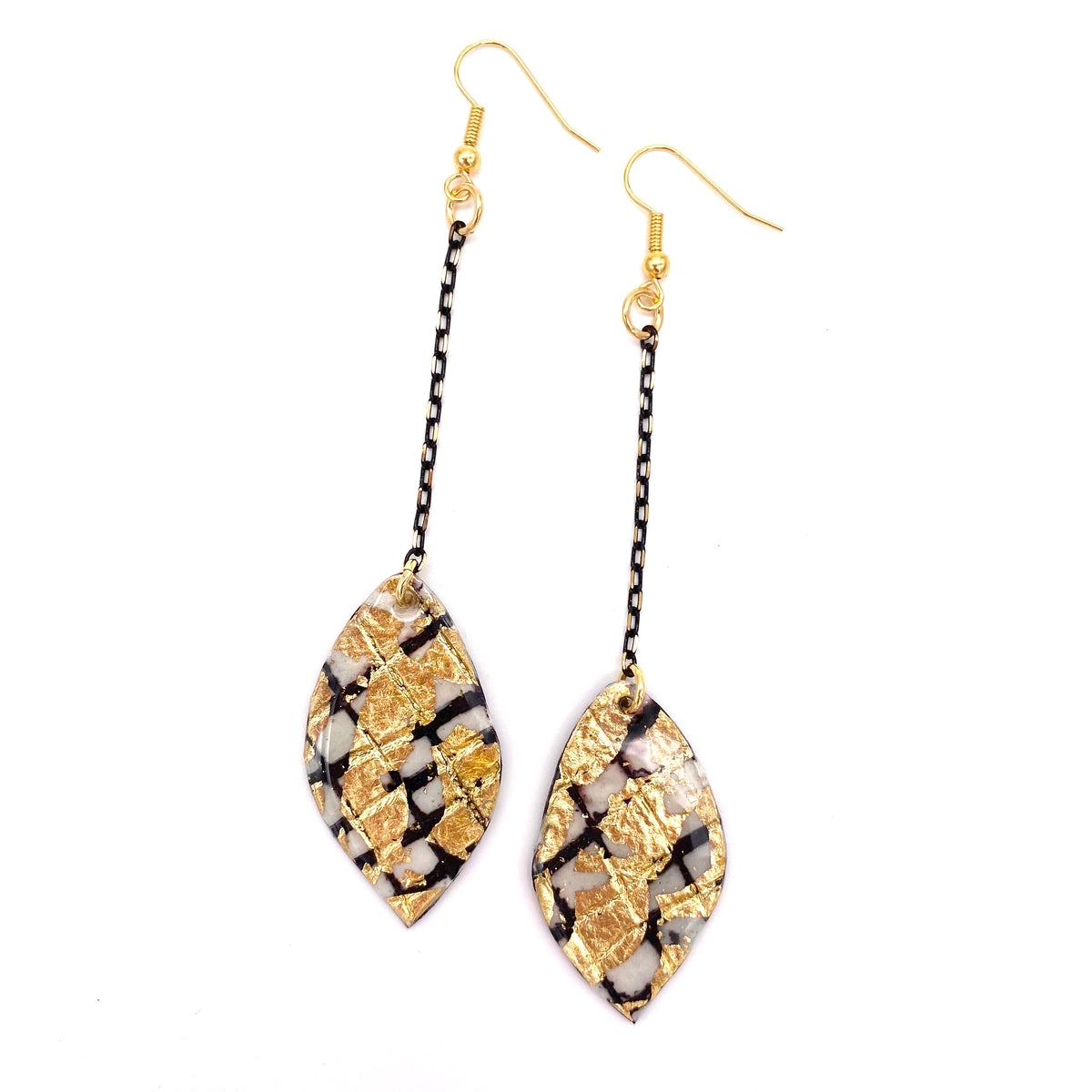 Gile abstract leaf batik textile earrings in black/gold