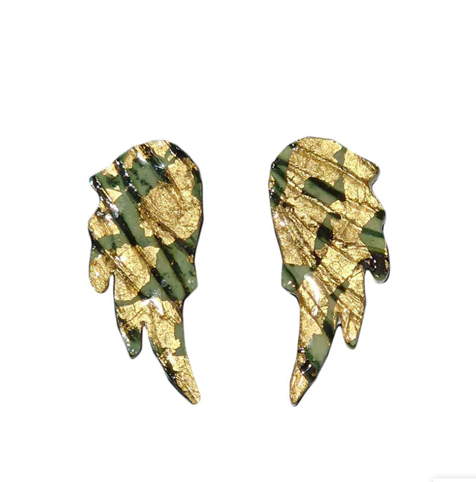 Wings of Desire sgraffito earrings in gold/forest green