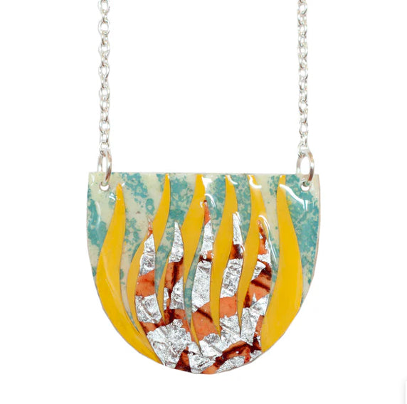 Peitil batik textile necklace in flint blue/gorse/umber/silver