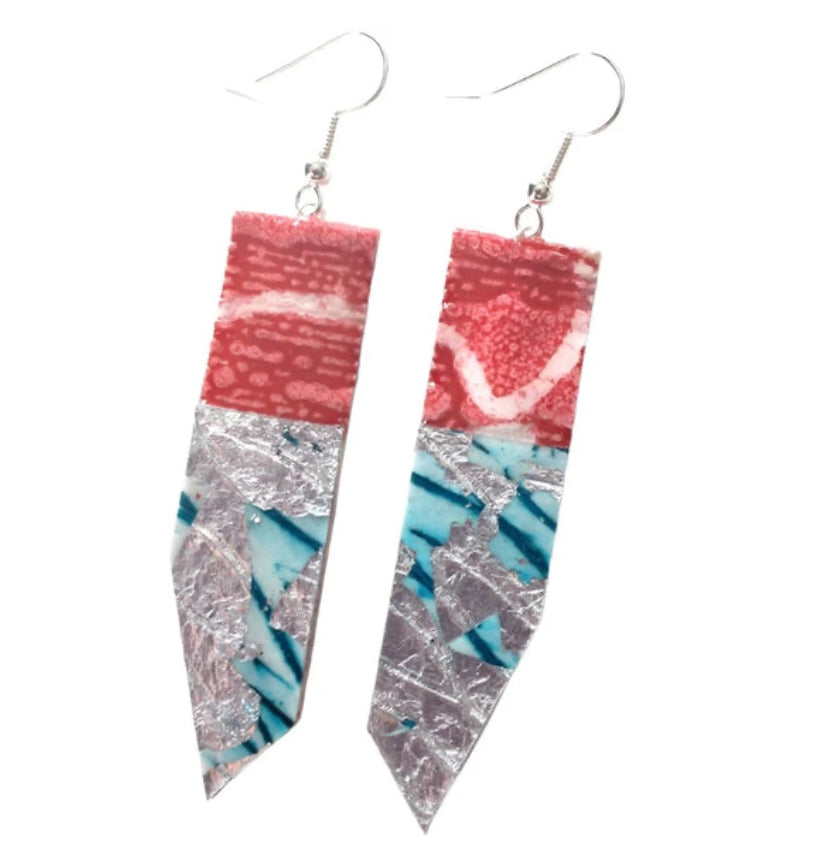 Edythe batik textile earrings in poppy/silver/aqua