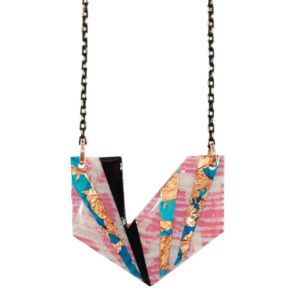 Ezrine batik textile necklace in pink/rose-gold/blue/black