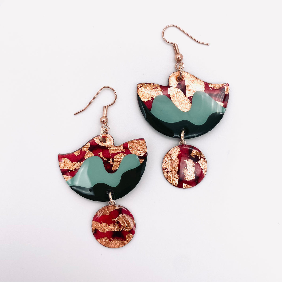 Tonn sgraffito textile earrings red/mint/olive/rose-gold