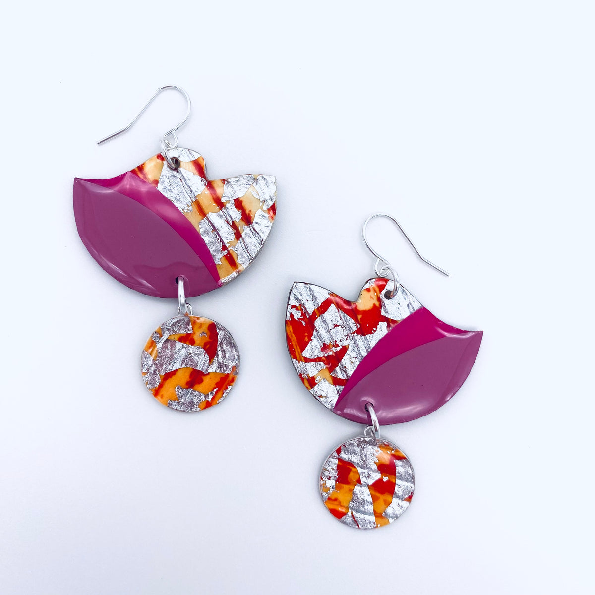 Tonn sgraffito textile earrings in pinks/orange/silver