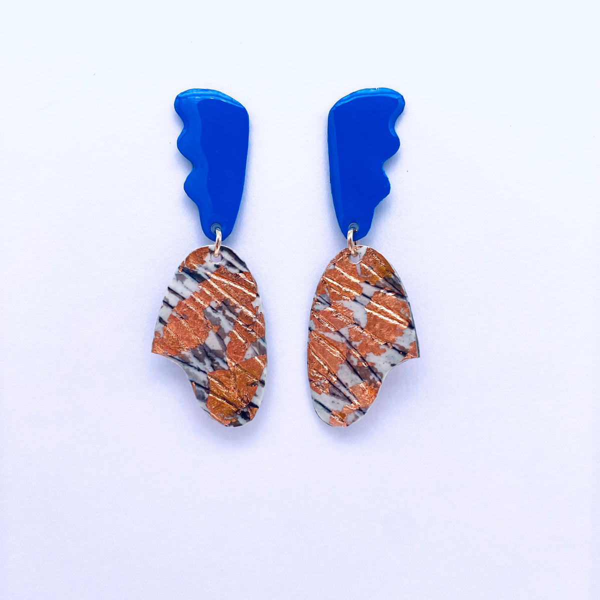 Tidal sgraffito textile earrings in mariner’s blue/grey/rose-gold