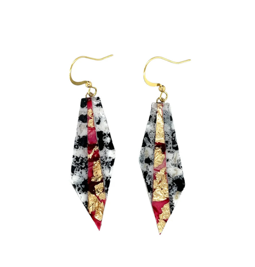 Mini Beulah batik textile earrings in charcoal/red/gold