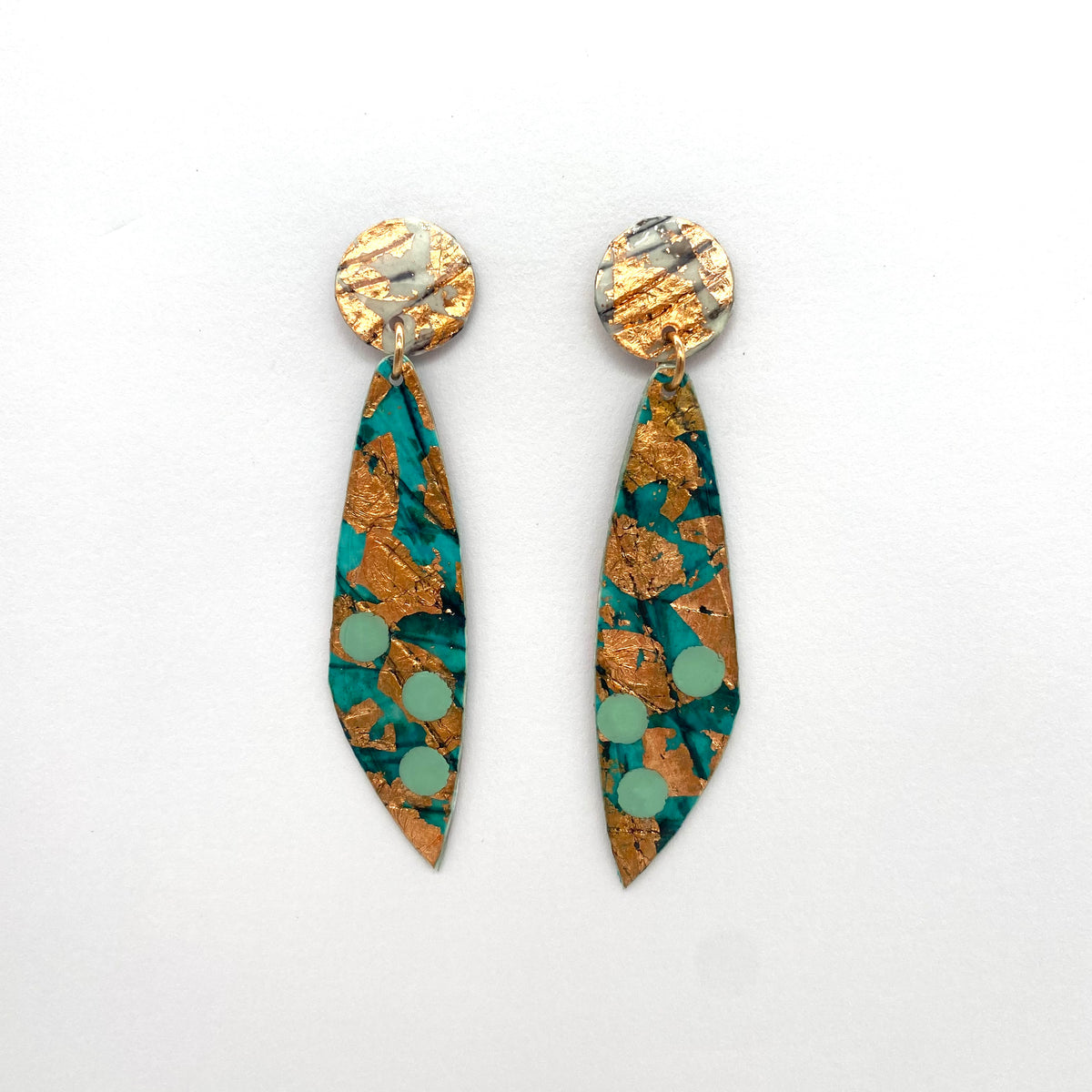 Moondrifter sgraffito textile earrings in sea-green/rose-gold