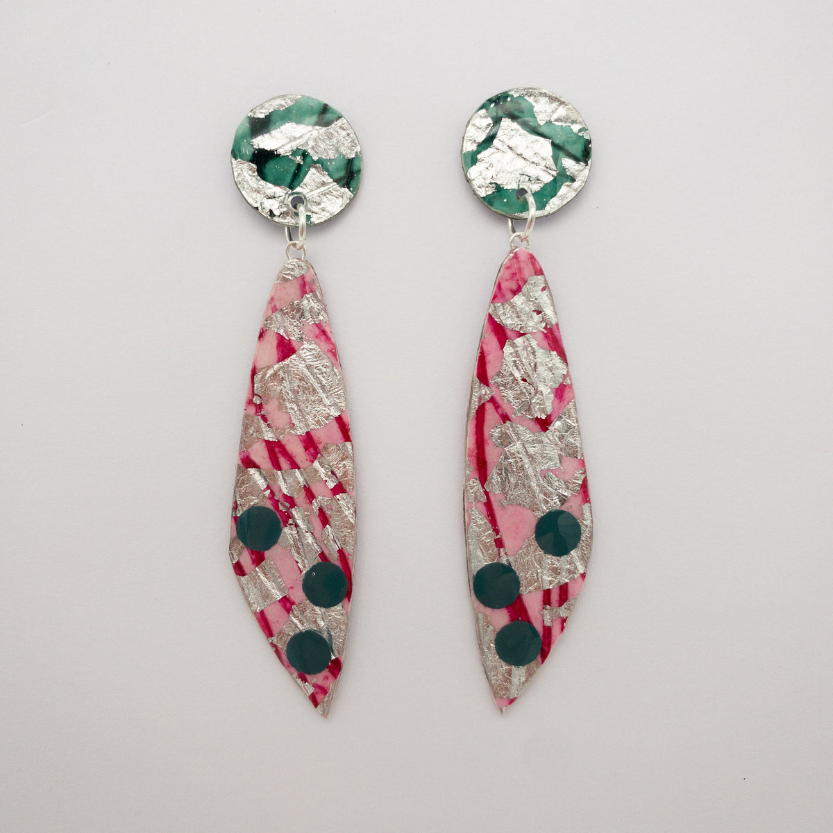 Moondrifter sgraffito textile earrings in silver/pink/jade