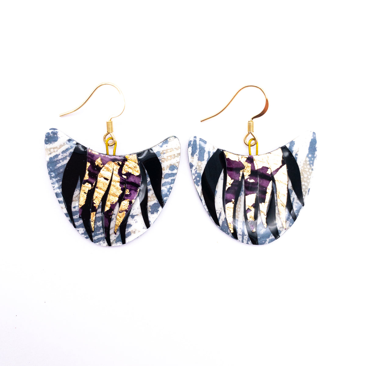 Óid batik textile earrings in dove/black/gold/aubergine