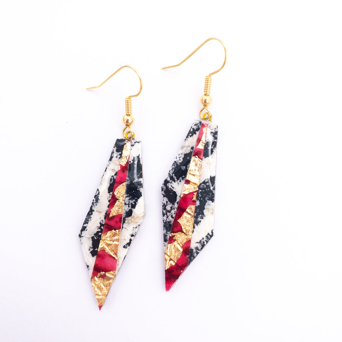 Mini Beulah batik textile earrings in charcoal/red/gold