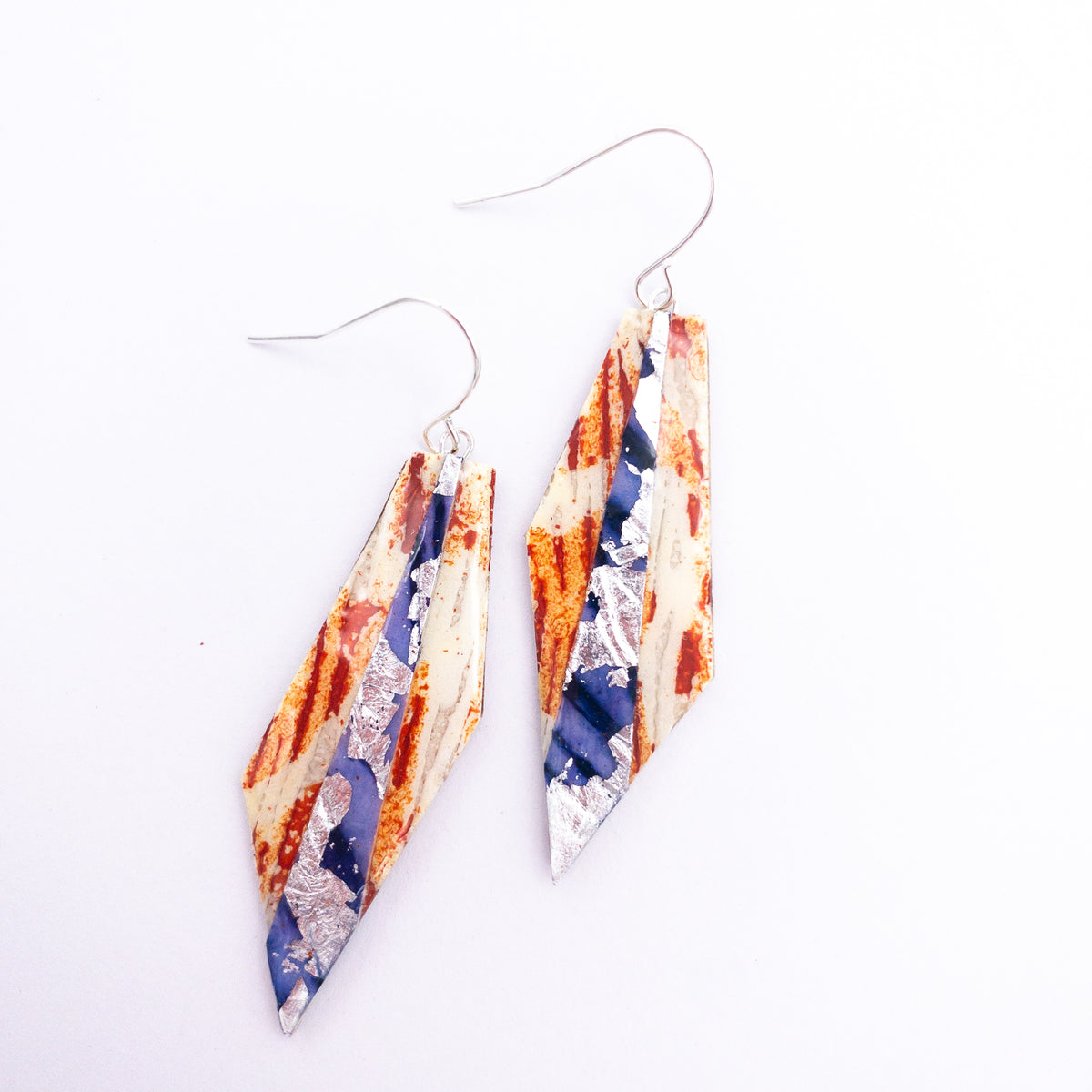 Mini Beulah batik textile earrings in orange/periwinkle/silver