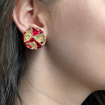 Red and gold sgraffito art jewellery earrings sustainably handmade in Ireland 