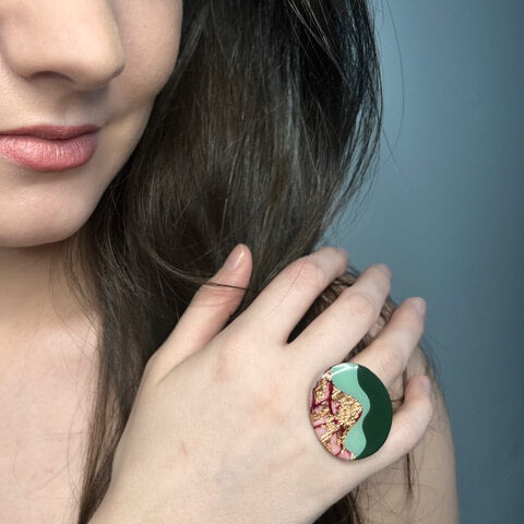 Irish designed and handcrafted bold fashion statement cocktail ring created using unique processes