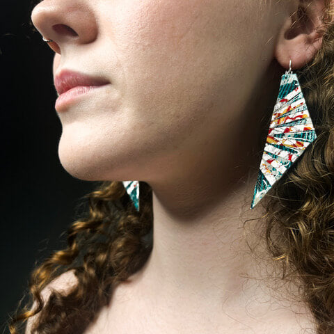 Adabel batik textile earrings in teal/silver/orange