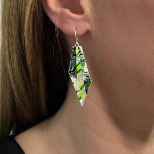 Mini Beulah batik textile earrings in dark-green/silver/apple