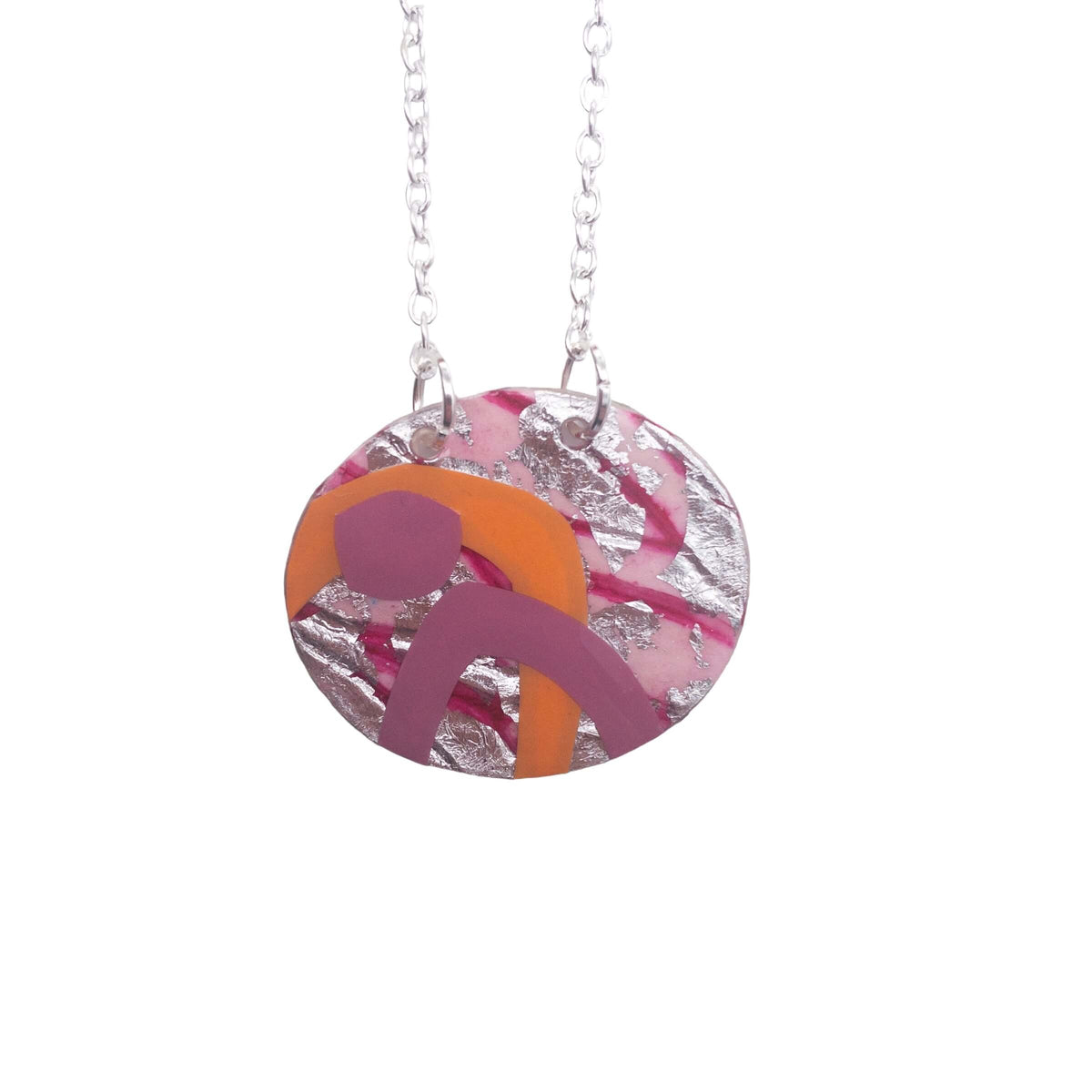 Carn sgraffito textile necklace in pinks/peach/silver