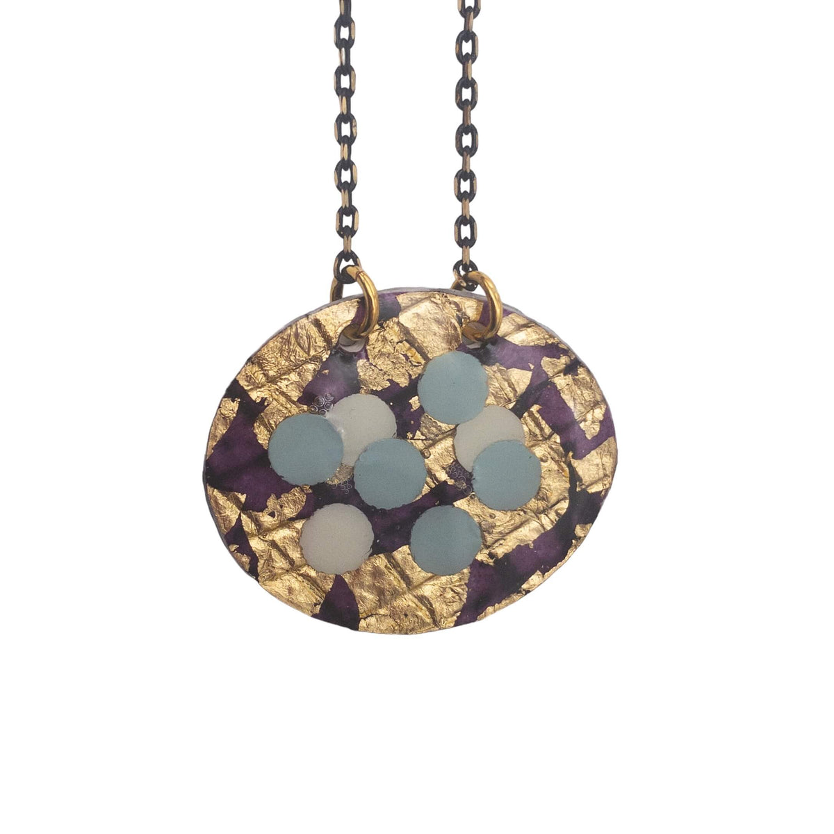 Pebble sgraffito textile necklace in dark purple/gold/eggshell