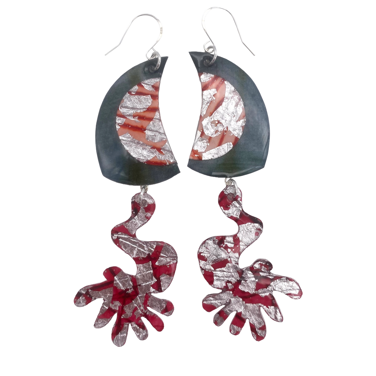 Rorqual sgraffito & shibori silk earrings in seaweed/coral/red/silver