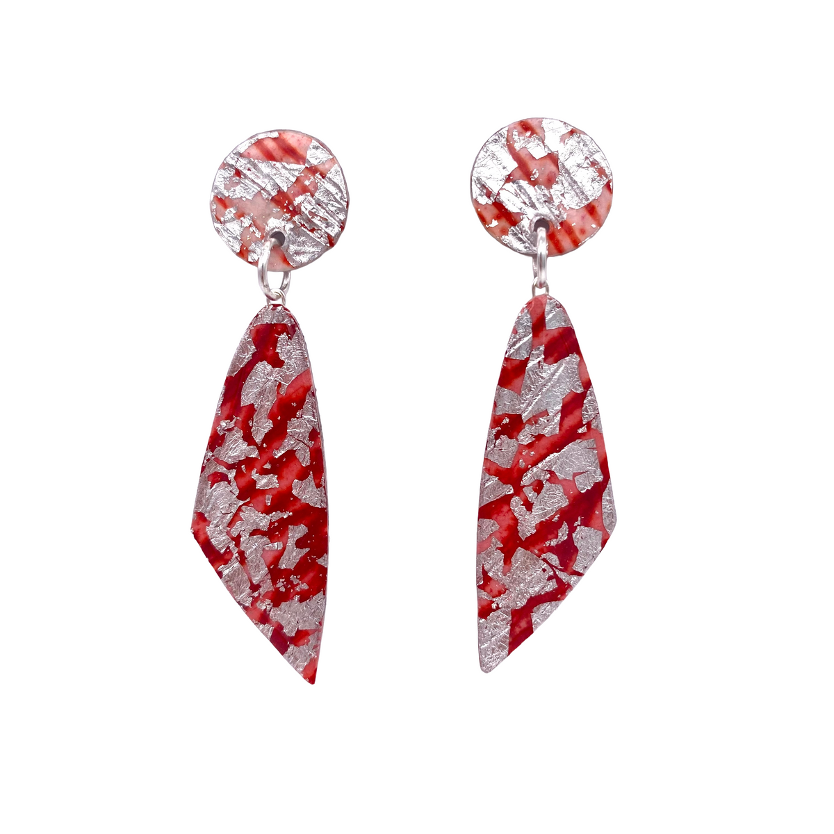 Half-Sail sgraffito textile earrings in watermelon/coral/silver