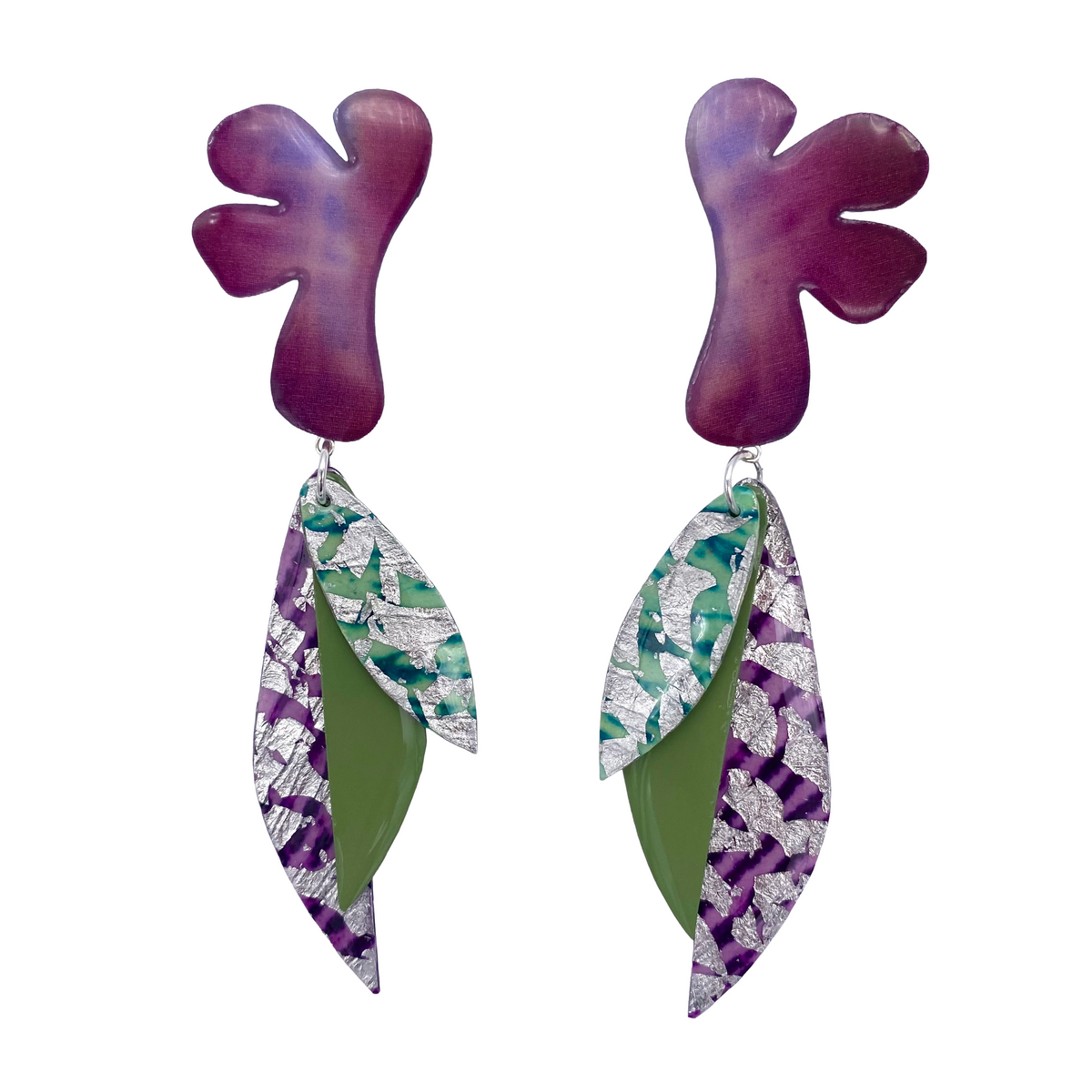 Blossoms “Sweet-pea” earrings in silk & sgraffito